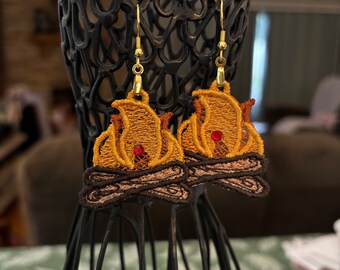 Campfire Lace with Red Crystal  Outdoor Camping Bonfire Handmade Lace Earrings free standing lace