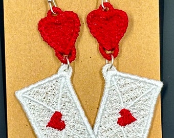 Love Letter Heart Dangle Valentine’s Day gift Lace Earrings Handmade Lace Earrings free standing lace