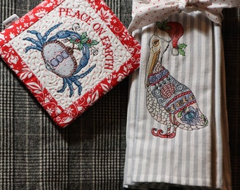 Christmas Pot Holder Set Christmas Holiday Kitchen hanging towel with Fabric Bow Christmas Beach theme embroidery Hostess gift