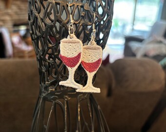 Glass of Wine Happy Hour Lace Handmade red wine Lace Earrings free standing lace