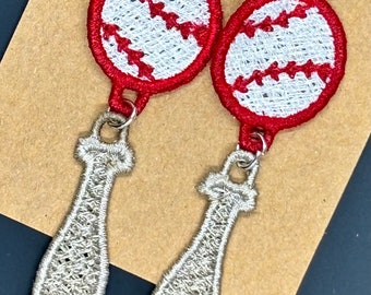 Baseball Dangle ball and bat Handmade  Lace Earrings free standing lace