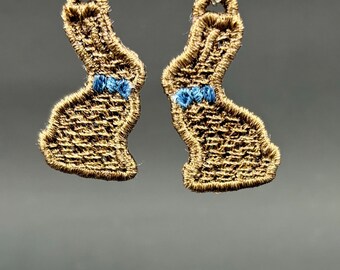 Chocolate bunny with bow blue bow Easter gift Lace Earrings Handmade Lace Earrings free standing lace