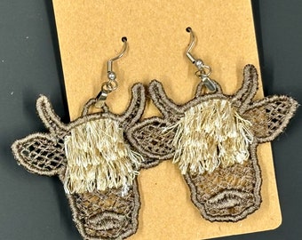 Highland Cow with Fringe gift Lace Earrings Handmade Lace Earrings free standing lace