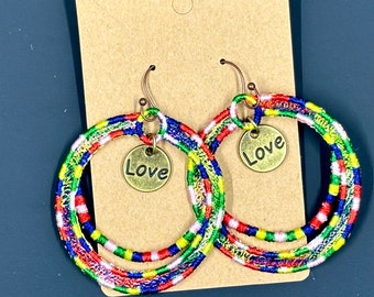 Fun colorful circle lace earrings with a love charm  gift Lace Earrings Handmade Lace Earrings free standing lace