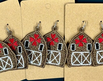Barn with Red Hearts Lace Earrings Handmade Lace Earrings free standing lace great gift
