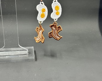 Bacon and Eggs Dangle Earrings Pair together Lace Earrings Handmade Lace Earrings free standing lace