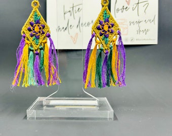 Mardi Gras Louisiana purple green and gold tassel Lace Earrings Handmade Lace Earrings free standing lace