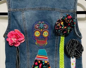 Upcycled PatchWork Denim jean sleeveless jacket vest Dia De Los Muertos Day of the Dead embroidery flowers skull flowers teen junior size XS