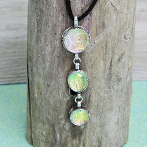 Handmade Sterling Silver Pendant with Iridescent Dichroic Glass – 3 Stone Vertical Necklace – Fused Glass Jewelry – Unique Gift for Her