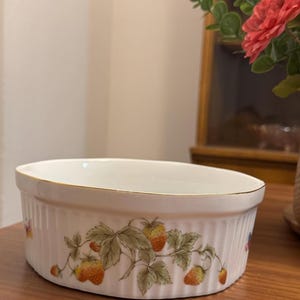 Vintage Lenwile Ardalt #6970 Strawberries & Butterflies White Ribbed Soufflé Casserole Baking Dish with Golden Rim