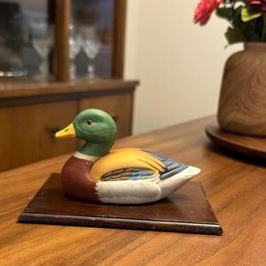 Vintage Hand Painted Porcelain Mallard Duck on Wooden Plaque