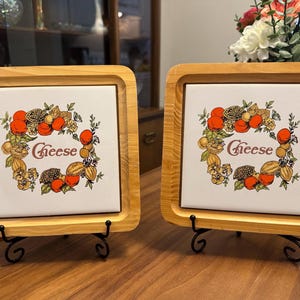 Vintage 1970’s Set of 2 Cheese Board Trays- Wooden with Tile- Yellow & Orange Fruit and Floral- 8”x8”