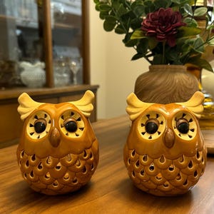 Vintage Set of 2 Ceramic Brown Owl Tea Light Candle Holders