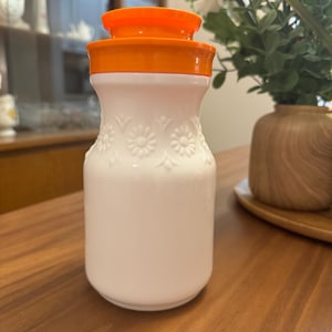 Vintage White Milk Glass Coffee Canister with Orange Lid- Floral Daisy detail pattern