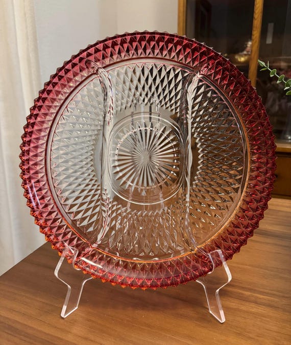 Vintage Indiana Glass Ruby Flash Diamond Point 3-section Divided