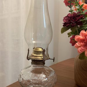 Vintage Antique Clear Glass Hobnail Oil Lamp- Rounded bottom with Metal Burner