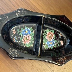 Vintage Handpainted Divided Trinket Vanity Dish- Black & Gold with Floral and Butterfly Design Japan