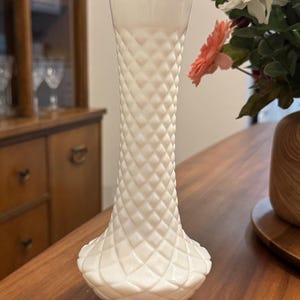 Vintage Milk Glass Floral Flower Bud Vase- White Diamond Quilted Pattern- 9”