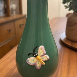 Vintage Mid Century Ceramic Flower Vase Turquoise/Green with Purple Butterfly Detail