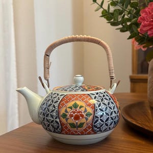 Vintage Arita Ware Imari Style Japanese Light Blue with Floral Motif Tea Pot Kettle with Lid and Bamboo Handle