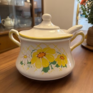 Large Vintage Soup Tureen- Milky White with Yellow Flowers- Soup Bowl with Ladle and Handles- By Hildi- Unique Gifts for the Home