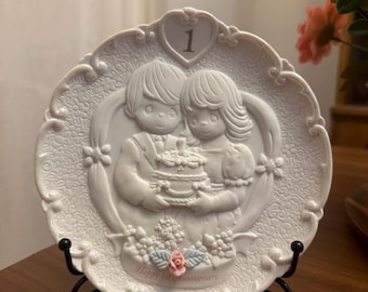 vintage 1995 Moments précieux en céramique blanche pour couple marié « Joyeux 1er anniversaire » assiette commémorative de mariage