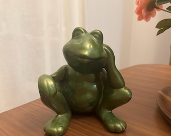 Vintage Hand Painted Ceramic Happy Green Frog Toad Figurine