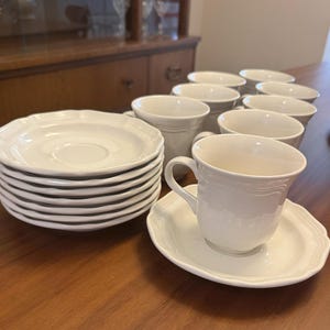 Vintage Mikasa ‘French Countryside’ Set of 8 Stonewear Coffee Tea Cups and 8 Saucer Plates- F 9000- Cream Color