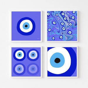 May include: Four framed prints with a blue and white evil eye design. The prints feature different variations of the evil eye symbol, including a single large eye, a pattern of smaller eyes, and four smaller eyes arranged in a grid.
