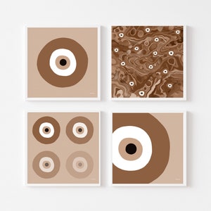 May include: Set of four square prints featuring abstract designs with brown, white, and black evil eye motifs.