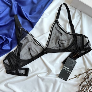 Black transparent bra, black mesh underwear, triangle bra, mesh lingerie, intimate lingerie, seethrough bra, sheer bra, sheer underwear