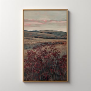 Moody Landscape Print: Vintage Printable Art, Maroon Wildflower, Autumn Print, Moody Red Pastoral Scenery Decor, Deep Red, Download 283