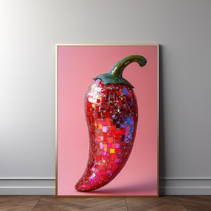 Chili Pepper Disco Ball: Disco Wall Art, Maximalist Wall Art, Dopamine, Preppy Food Poster, Mirror Ball, Girly Kitchen Poster, Download 480