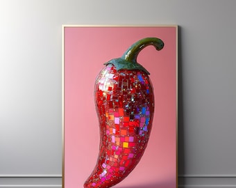 Chili Pepper Disco Ball Print: Funky Kitchen Wall Art (Digital Download) 480