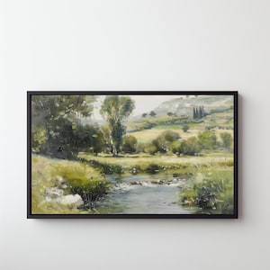 Paesaggio estivo vintage: stampa vintage smorzata, stampa estiva di campagna, fiume antico, dipinto di fiume, paesaggio estivo, download digitale 204