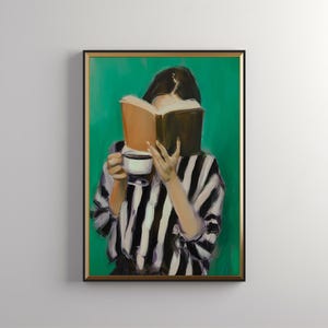 Woman Reading Book Art: Emerald Green Print, Reading Woman, Abstract Woman Portrait, Minimalist Portrait, Book Lover Print, Download 551