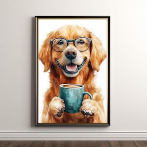 Golden Retriever Drinking Coffee: Dog Art, Whimsical Color Art, Coffee Lover Print, Funny Dog Gift, Funny Dog, Kitchen Decor, Download 369