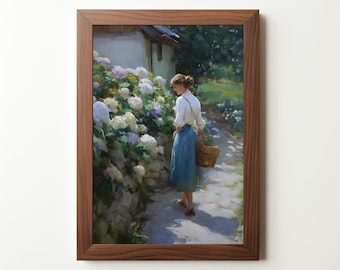 Vintage Woman with Hydrangeas Art Print: Cottagecore Floral Painting (Download) 552