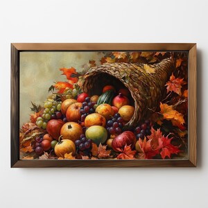 May include: A cornucopia overflowing with a variety of fruits and vegetables, including apples, grapes, pears, and a small pumpkin. The cornucopia is surrounded by autumn leaves in shades of red, orange, and yellow.