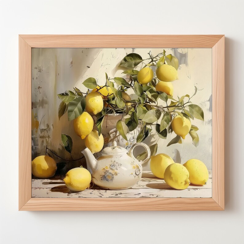 May include: A still life painting of a white teapot with floral designs and a branch of lemons with green leaves. The lemons are arranged around the teapot on a white wooden surface.
