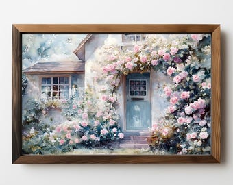 Vintage Cottage Rose Garden Watercolor Painting (Digital Download) 389