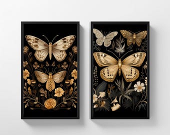 Set di stampe di falene botaniche: arte floreale gotica Dark Academia, arte di farfalle (download digitale)