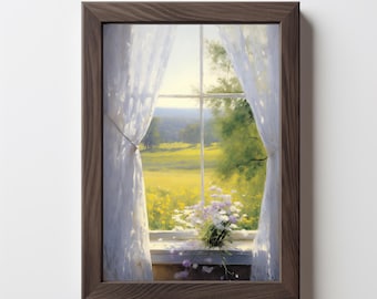 Impression pour fenêtre Cottagecore : paysage d'été floral rustique (téléchargement numérique) 434
