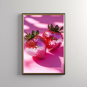 Pink Disco Strawberries: Disco Ball Art, Wall Art Poster, Glam Disco Ball Red Strawberries, Preppy, Trendy, Kitchen Decor, Download 387