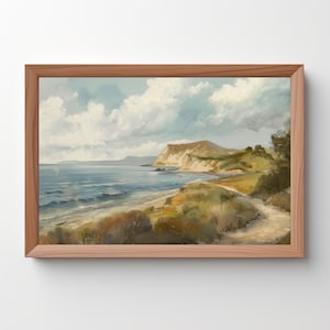 Seaside Coastal Landscape: Vintage Painting, Seaside Art, Coastal Painting, Antique Muted Green Wall Art, Digital, Printable Download 208