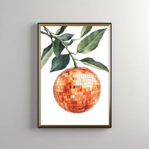Retro pomarańczowa dyskotekowa kula lustrzana: wózek barowy z lustrzaną kulą, plakat z jedzeniem, preppy cytrusy, sztuka kuli dyskotekowej, wystrój domu z jedzeniem w stylu funky, pobierz 382