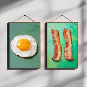 Jajko sadzone, bekon, 2-ZESTAW Impasto Painting: Wydruk jajka sadzonego, Wystrój kuchni w stylu vintage, Wystrój ścienny wózka barowego, Sztuka ścienna z jedzeniem, Pobieranie cyfrowe 481