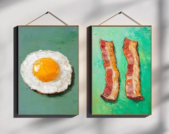 Fried Egg & Bacon Impasto Painting SET: Vintage Kitchen Art (Digital Download) 481