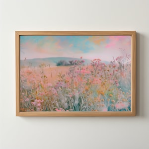 Pastel Wildflower Landscape: Pastel Floral, Vintage Wall Art, Farmhouse Landscape, Farmhouse Nursery, Peach Pink Nursery, Download 236