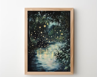 Fireflies Night Art Print: Cottagecore Forest Scene (Digital Download) 320